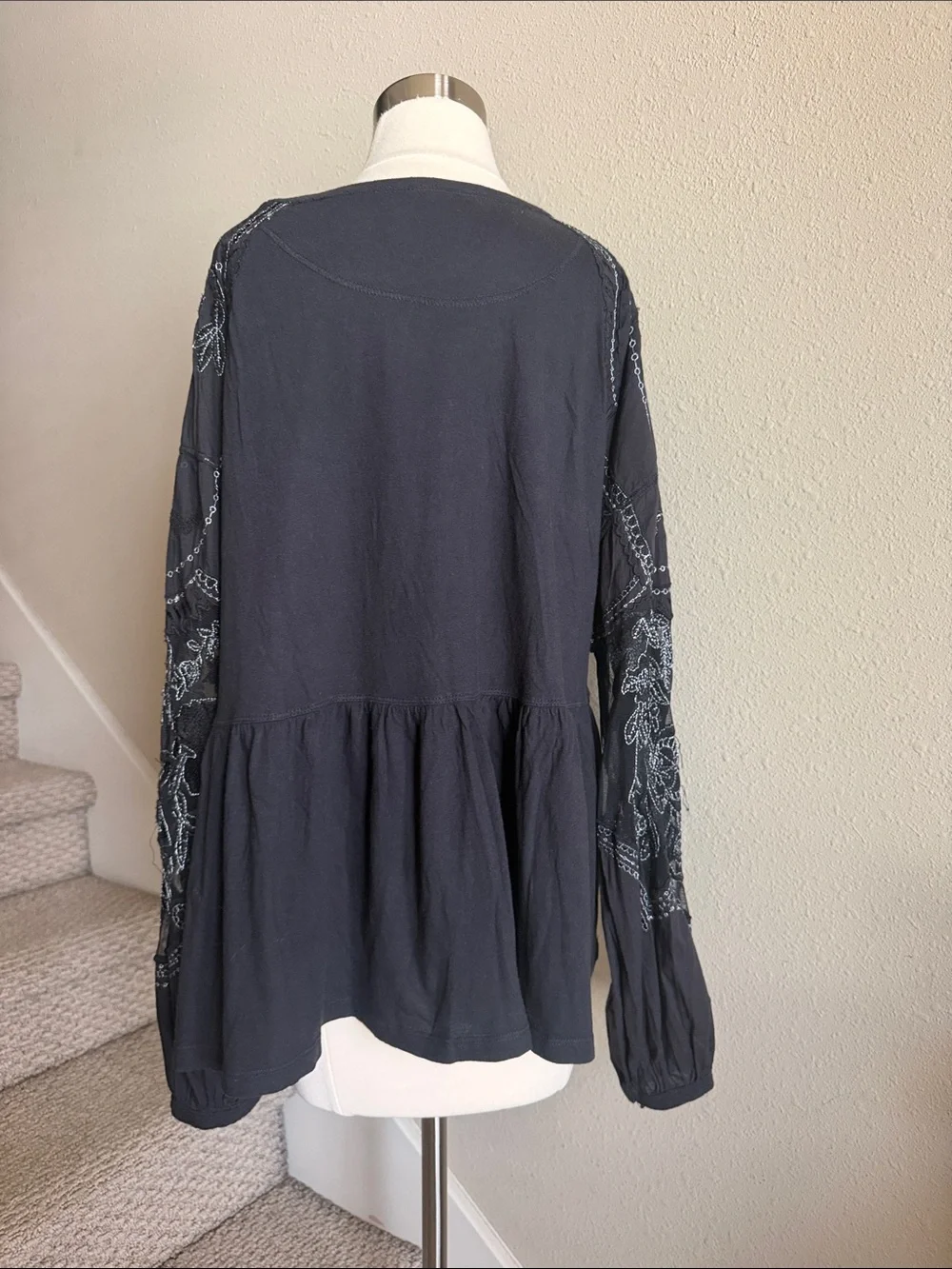 Free People Sz L Black Penny Peplum Long-Sleeve Top with Embroidered Sleeves